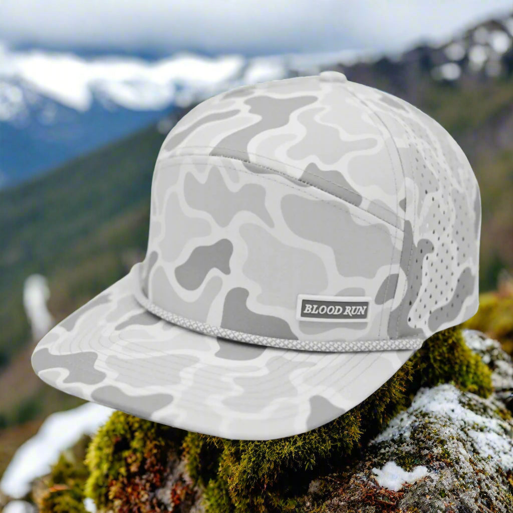 Gray camouflage cap with 'Blood Run' logo on a white background
