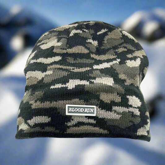 Black and Grey Knit Beanie Hat Toque with Blood Run Fishing Logo Patch