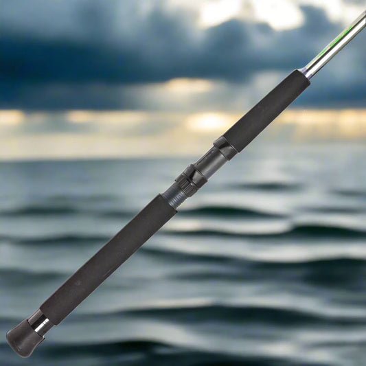 Close up picture of Blood Run Livewire Copper Leadcore Fishing Rod handle with graphite reel seat for trolling salmon on Lake Michigan and Lake Ontario