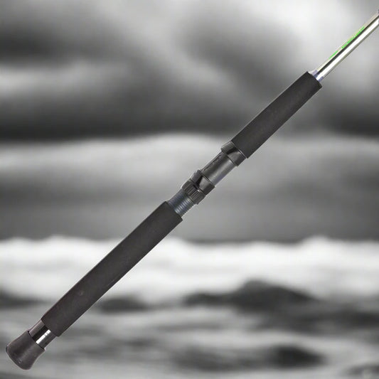 Closeup of Blood Run black eva handle on Livewire Copper Leadcore fishing rod for Lake Michigan and Lake Ontario salmon fishing.