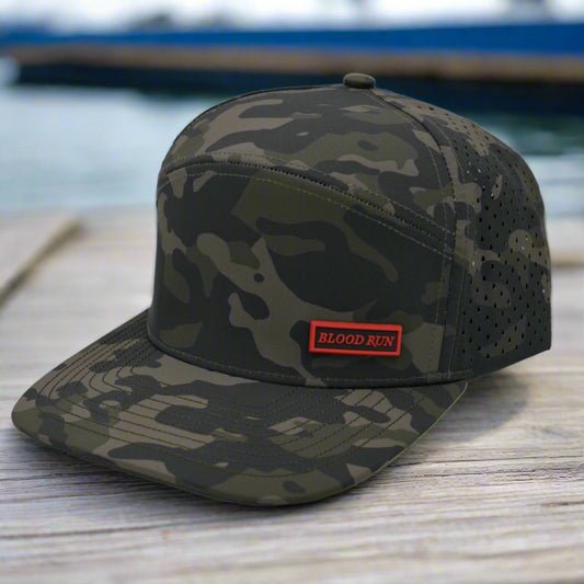 Mens Olive Camo Snapback Fishing Trucker with Red Blood Run Logo on lower right crown