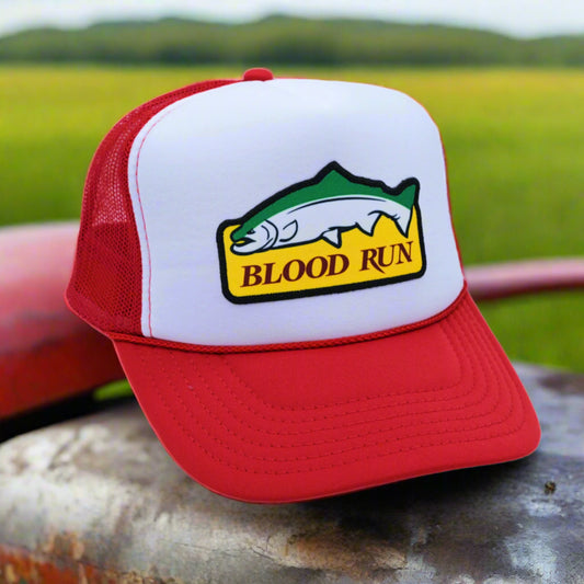 Red and white cap with 'Blood Run' logo featuring a fish on a white background