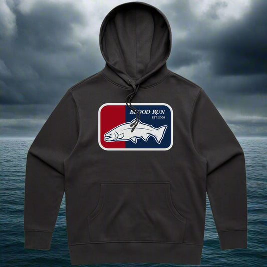 Men's Coal Black Heavy Fishing Hoodie with Blood Run Major Leage Baseball Logo on chest