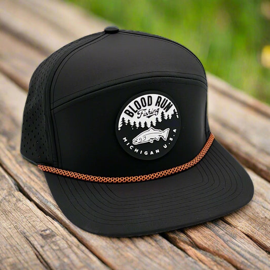 Men's Black water repellant 5 Panel Trucker Fishing Hat with Orange Band and Blood Run Fishing Logo