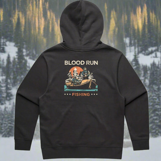 Men's Coal Black Heavyweight Fleece Fishing Hoodie with Driftboat Fishing Logo on Back