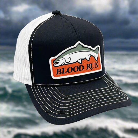 Mens White Mesh Black Crown Fishing Snapback Trucker Hat with Orange Blood Run Fishing patch Logo