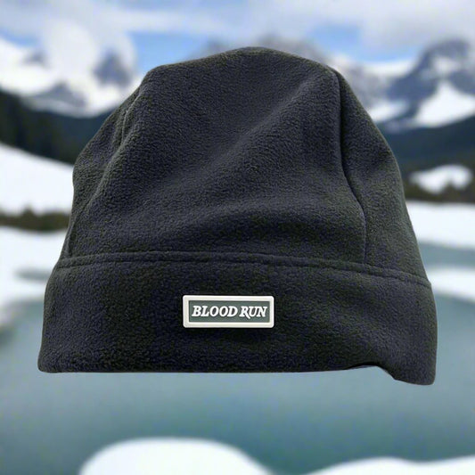 Mens Black Microfleece Beanie Hat Toque with Blood Run Fishing Patch