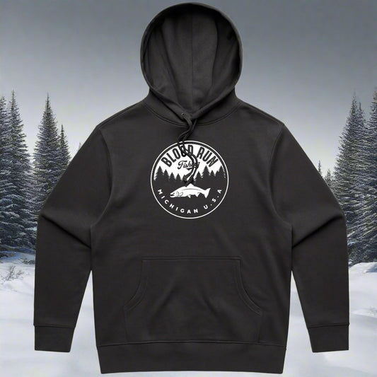 Mens Coal Black Heavyweight Cotton Fleece Fishing Hoodie Blood Run Retro Logo on Chest