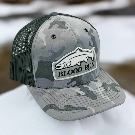 Mens Grey Silver Snapback Mesh Trucker Hat with white Blood Run Fishing Logo patch on crown