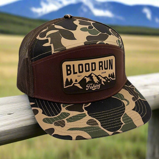 Mens Western Camo 5 Panel Snapback hat with Blood Run Fishing Leather Patch on crown