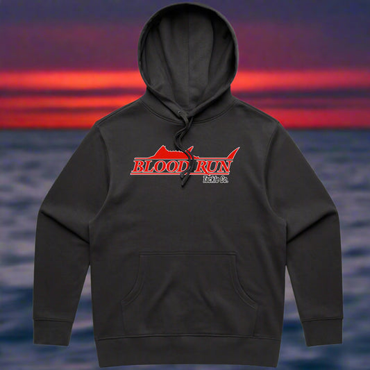 Blood Run Fishing Coal Black 100% Cotton Heavyweight Hoodie with Red Blood Run Logo