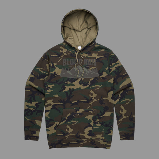 Camouflage hoodie with Blood Run fishing brand logo