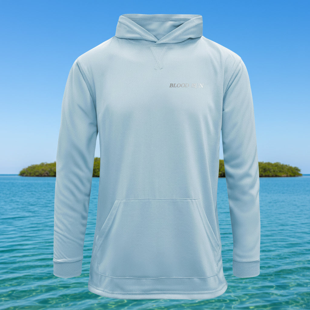 Light blue hoodie with 'BLOOD RUN' branding.