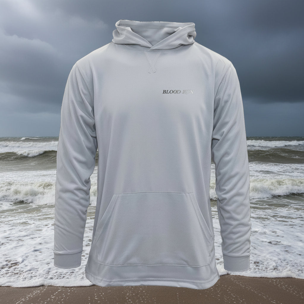 Gray hoodie with 'BLOOD RUN' branding on a white background